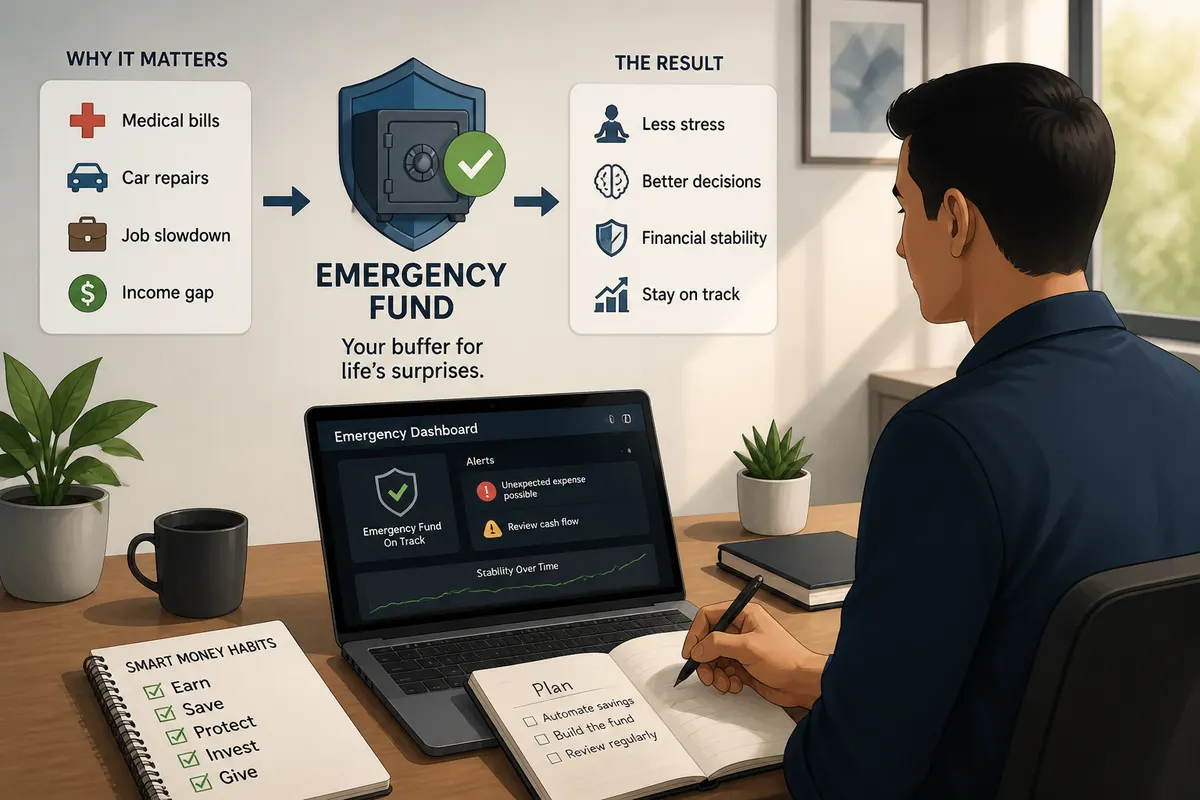 Person building a smart-money habit at a modern desk, using a laptop with an emergency software dashboard and notification alerts in the morning light