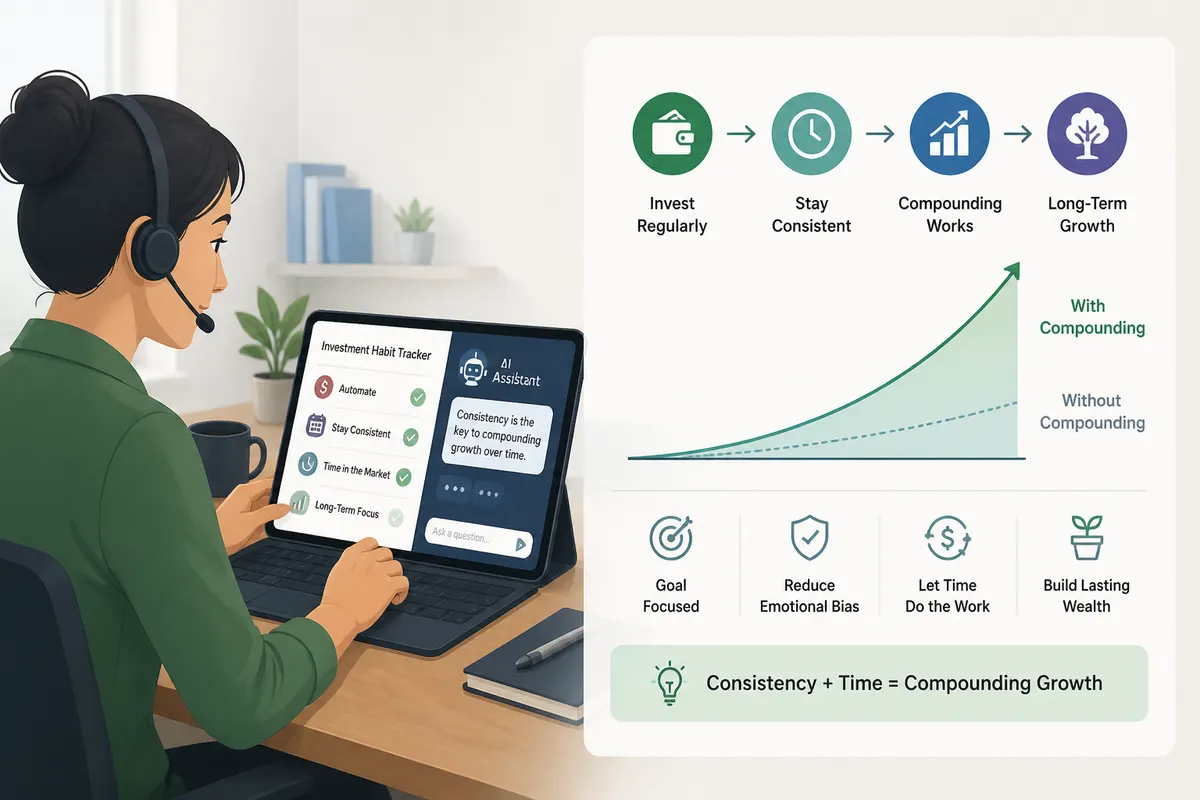 Customer support professional using a tablet with an AI chat interface while reviewing an investment habit tracking dashboard on screen
