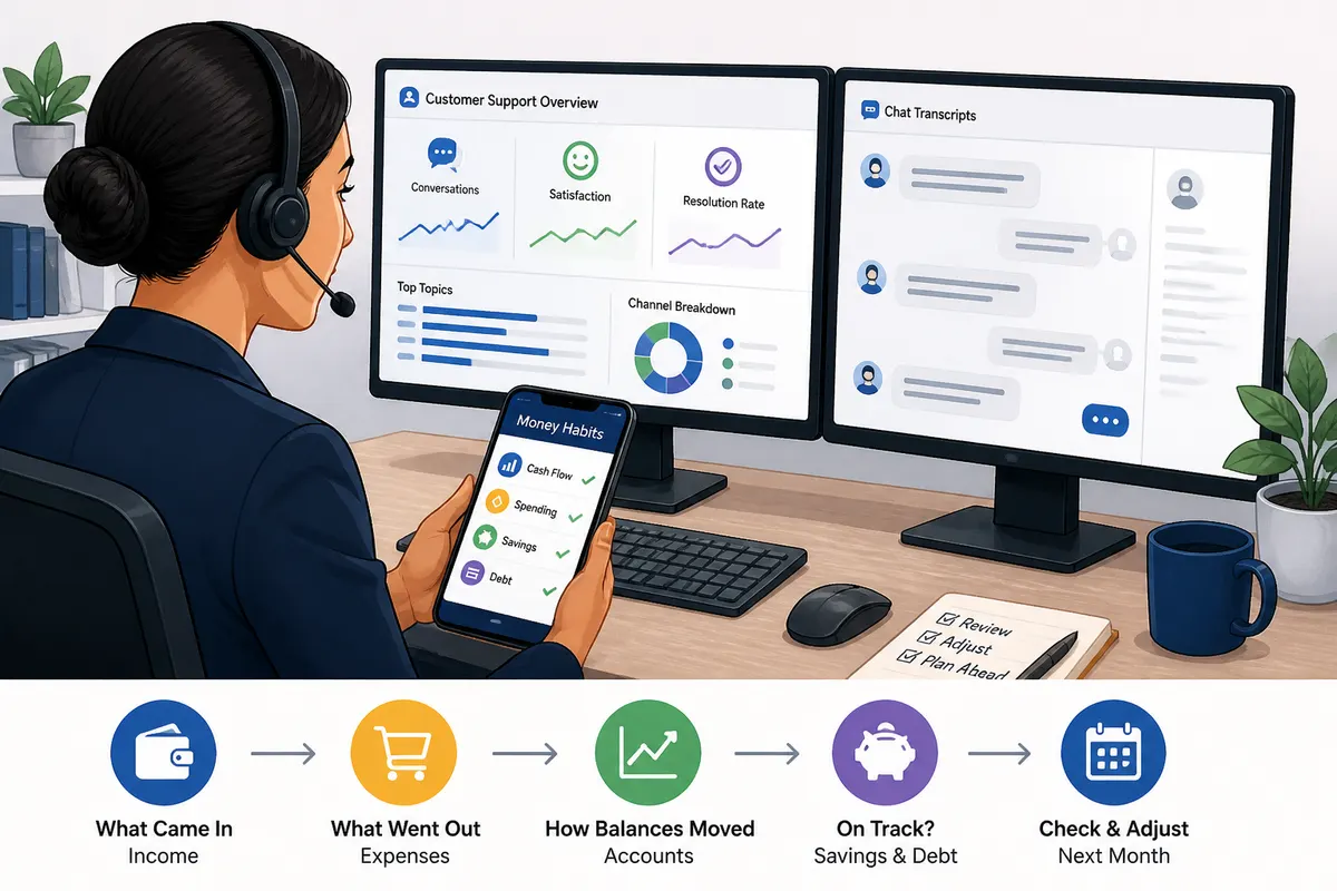 Customer service representative reviewing customer support metrics and chat transcripts on a dual-monitor workstation, with a smartphone displaying a financial app dashboard for technology-assisted smart money habit revi