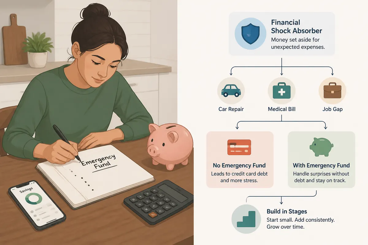 Person writing in a notebook labeled “Emergency Fund” while organizing personal finances at a kitchen table with a calculator, piggy bank, and smartphone savings app dashboard