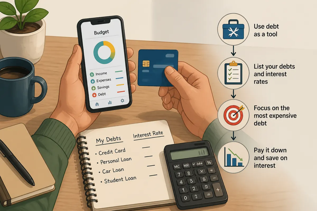 Person reviewing a budget app on a smartphone with a credit card, calculator, and handwritten expense notes on a desk, showing smart money habits and careful debt management