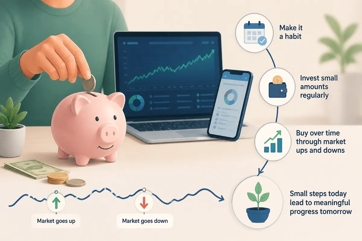 Person depositing small coins or bills into a piggy bank or investment jar on a desk with a laptop or smartphone in the background showing a generic investing dashboard