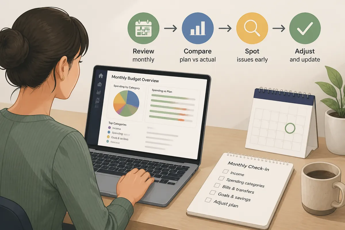 Person reviewing a monthly budgeting dashboard on a laptop with a checklist and calendar on the desk, planning finances and tracking expenses