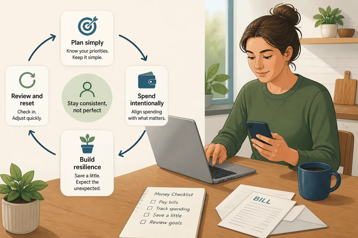 Person calmly paying bills at a kitchen table using a laptop or smartphone, with a simple checklist and a cup of coffee, showing straightforward smart money habits