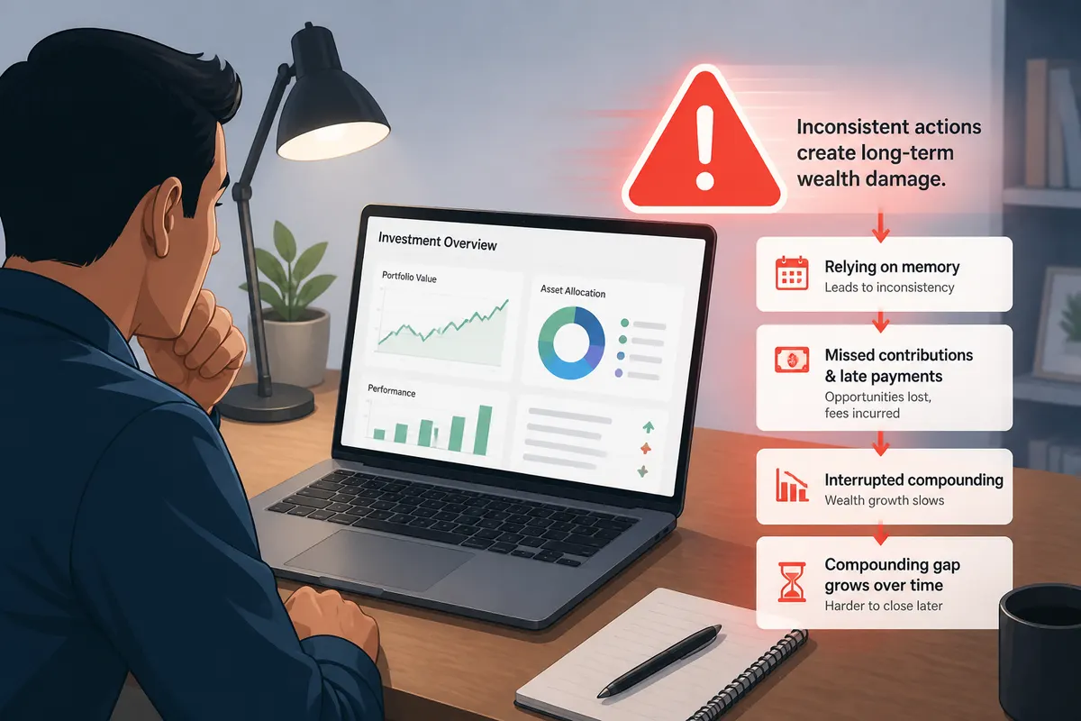 Person at a desk reviewing an investment dashboard on a laptop with an overlaid warning or alarm graphic, symbolizing wealth-destroying investing automation mistakes