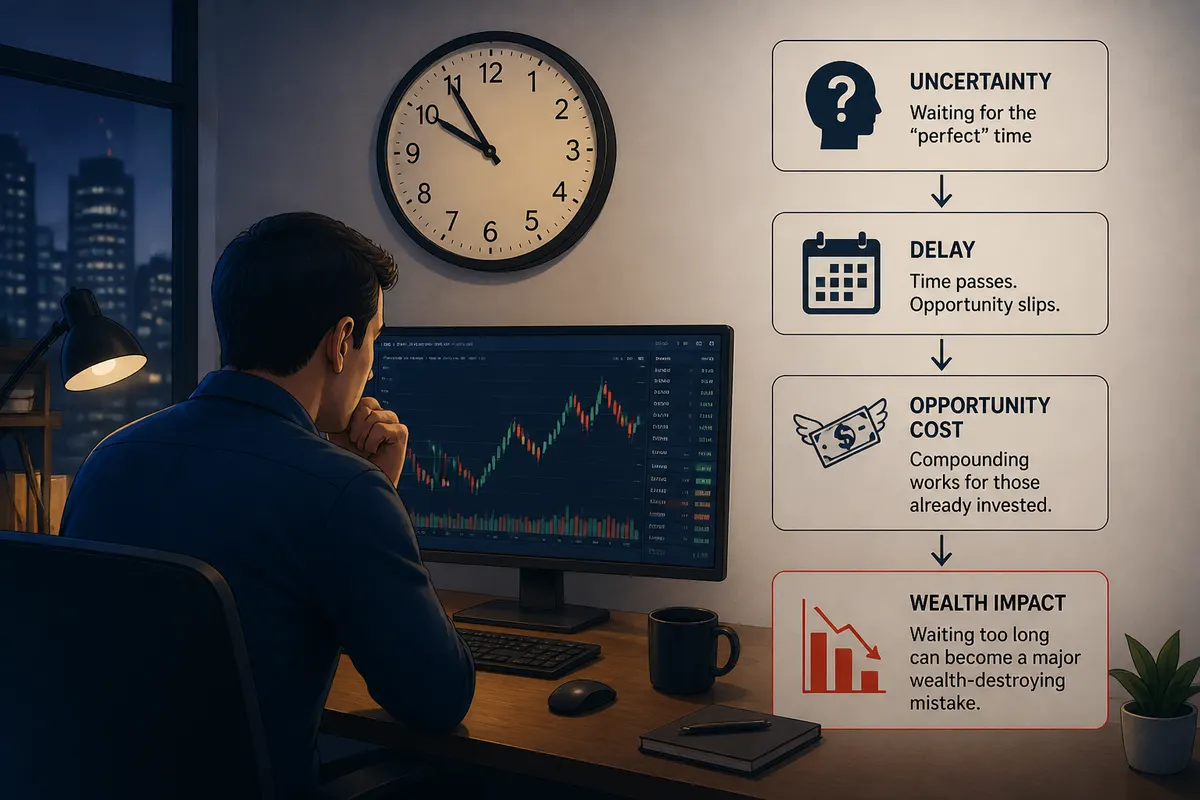 Person hesitating at a stock trading terminal with a late-hour wall clock, symbolizing waiting too long to invest and potential financial regret