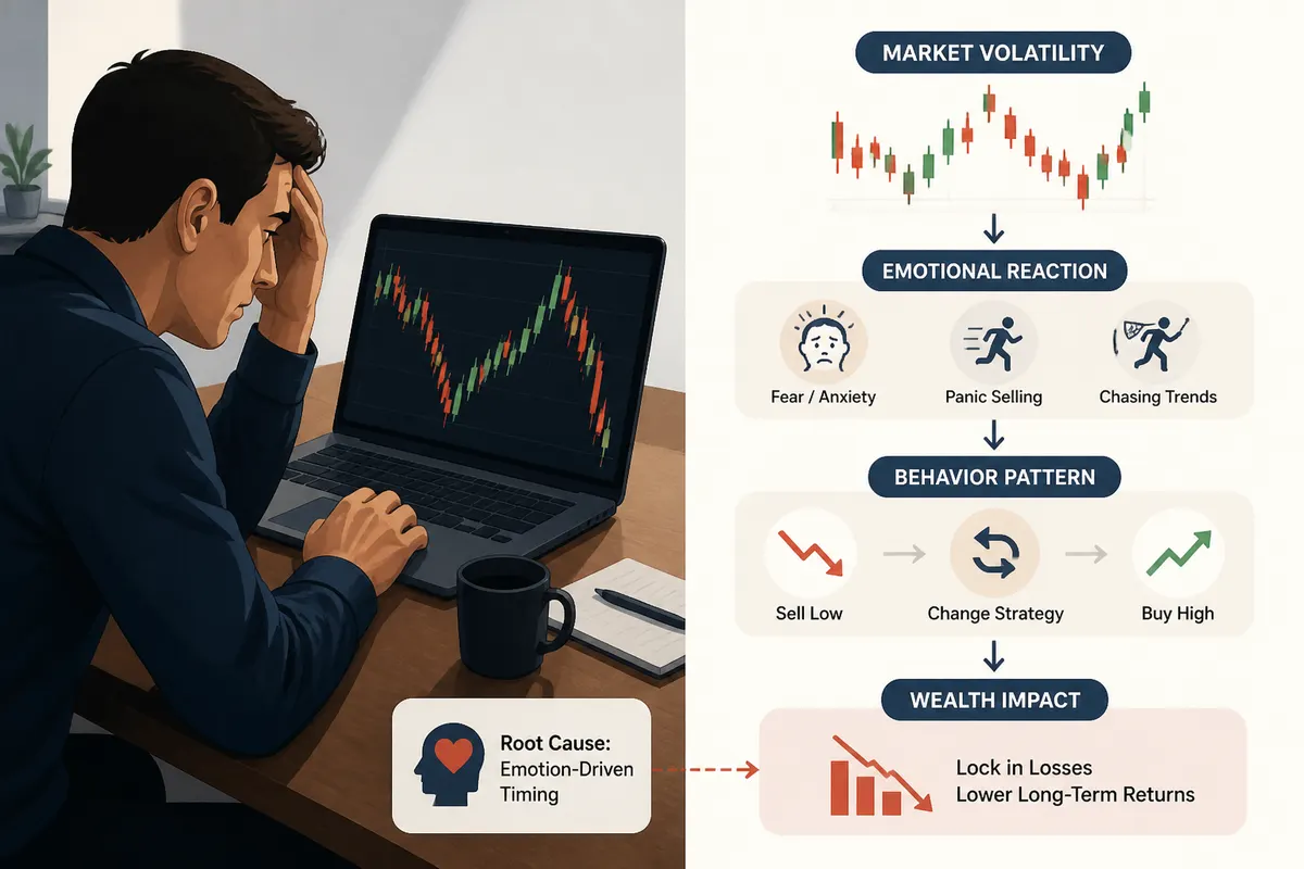 An anxious person reviewing a laptop stock market chart with dramatic price swings and red and green candlestick indicators