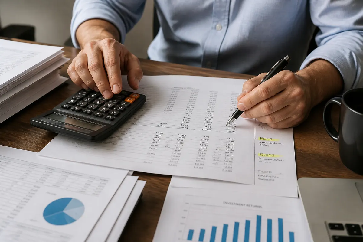Person at a desk reviewing financial statements with a calculator, with margins highlighting fees and taxes to represent wealth-destroying mistakes and avoidable overspending