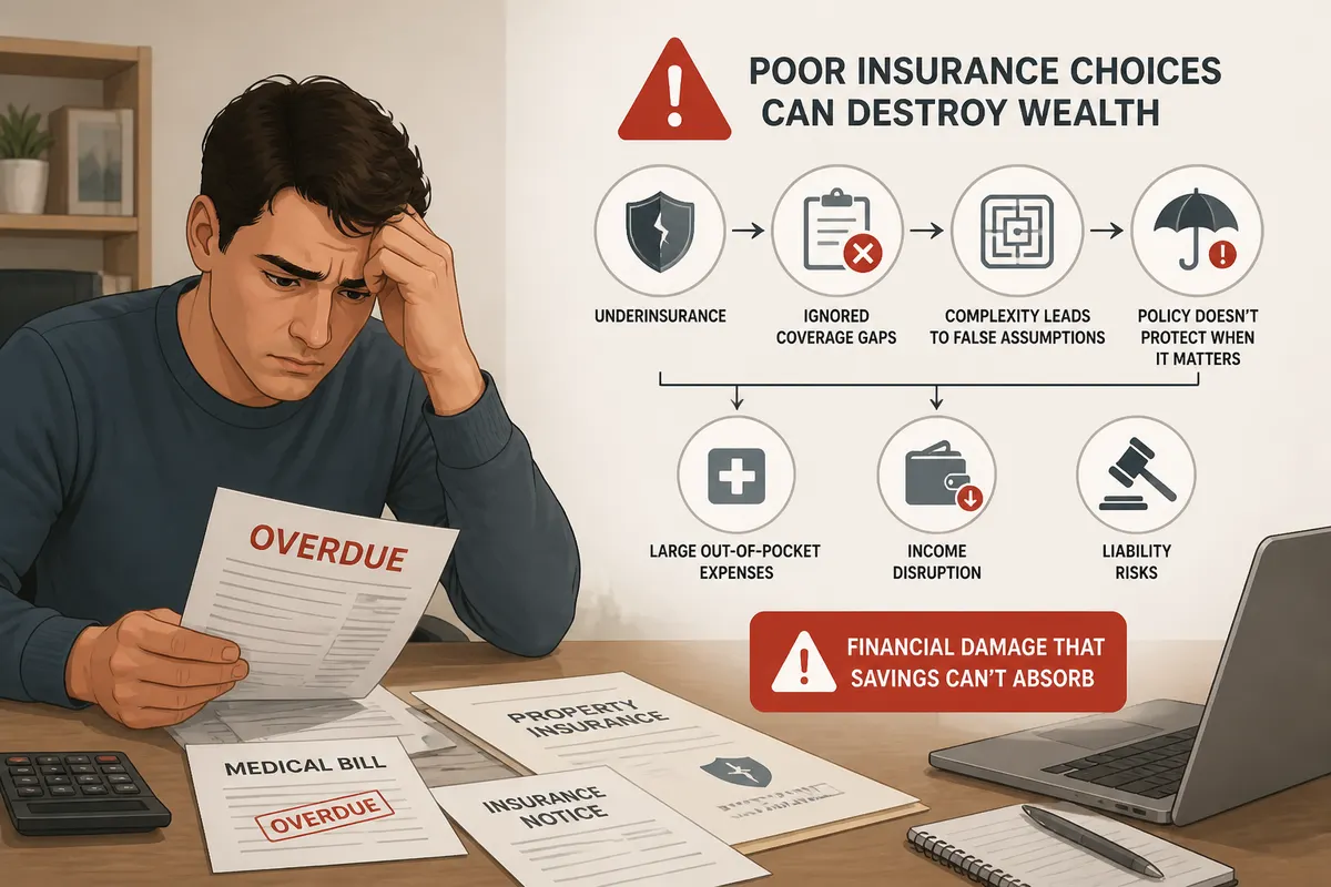 Person reviewing overdue bills and insurance documents at a desk with a red warning symbol overlay indicating costly financial mistakes
