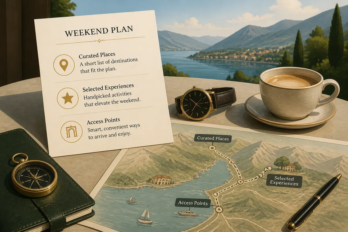 Curated upscale weekend plan on a table with an elegant “Weekend Plan” itinerary card, designer watch, premium coffee in a ceramic cup, and a tasteful travel map with marked routes over a scenic landscape backdrop