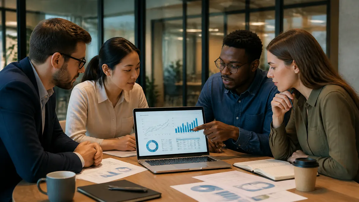 Photographic comparison of professionals from different industries reviewing career growth charts, salary data, and job opportunity trends on a laptop in a modern office