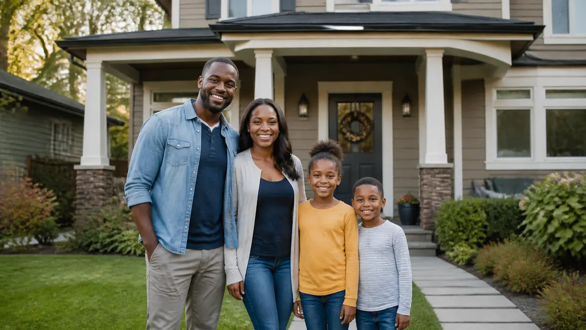 Photographic image of a diverse family standing outside a well-maintained long-term home, with mature landscaping and subtle visual cues of stability and financial growth