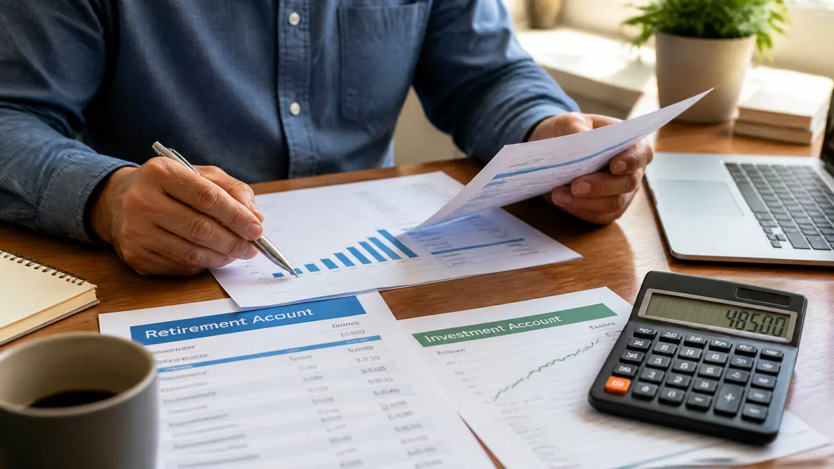 Photographic close-up of a person reviewing retirement and investment account documents beside a calculator and laptop