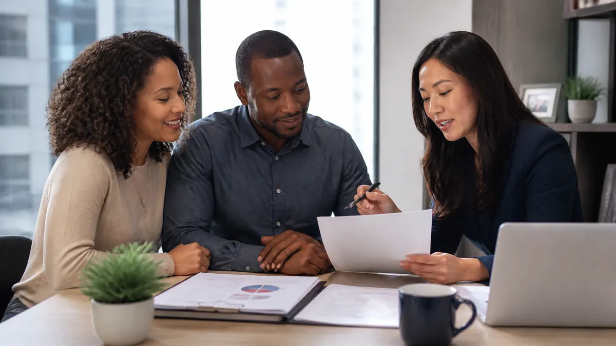 Photographic image of a diverse couple reviewing a comprehensive insurance policy and wealth planning documents with a financial advisor in a bright modern office
