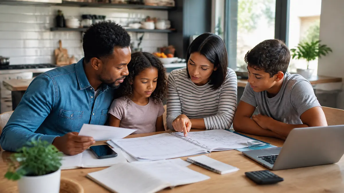 Photographic scene of a diverse family gathered around a kitchen table reviewing household plans, calendars, and financial documents