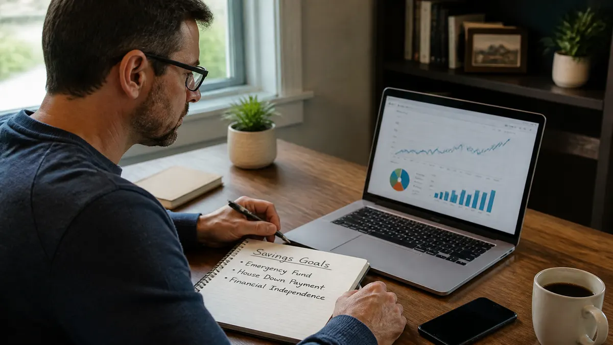 Photographic image of a person reviewing a financial independence plan at a desk, with a laptop showing investment charts, a notebook labeled with savings goals, and a calm
