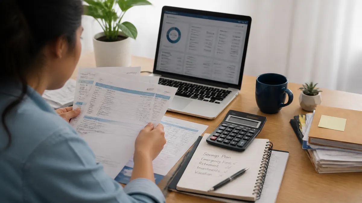 Photographic scene of a person organizing recent pay statements beside a laptop showing account balances, with a calculator, notebook