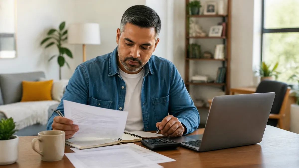 Photographic image of a professional reviewing a personal budget and emergency savings plan at home, with a laptop, financial documents, and a calm workspace