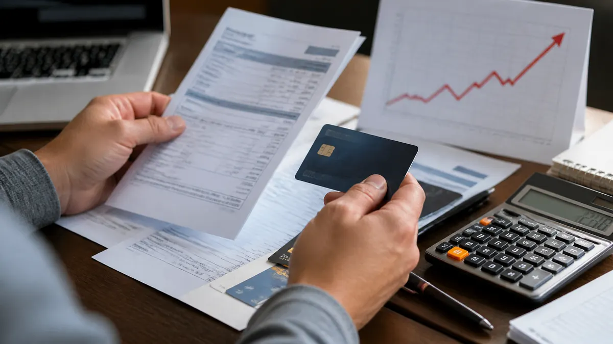 Photographic close-up of a person reviewing credit card and loan statements beside a calculator, with an upward-trending interest rate chart and financial documents suggesting