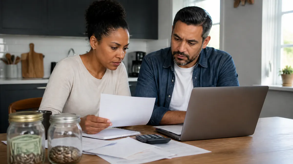 Photographic image of a diverse household reviewing finances at a kitchen table, with savings jars, bank statements, and a laptop visible