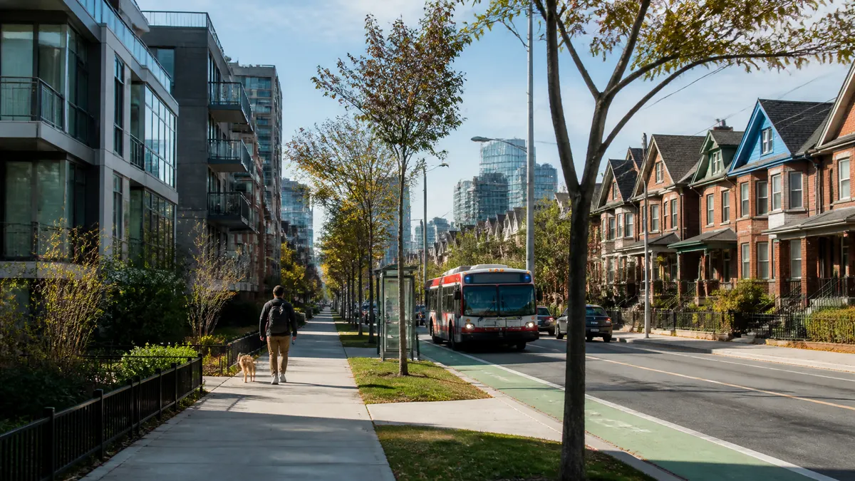 Photographic street scene showing contrasting neighborhoods within the same city, with differences in housing styles, walkability, public transit access, green space