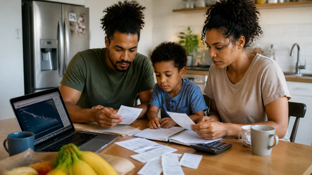 Photographic scene of a diverse household reviewing a budget, savings plan, and essential expenses at a kitchen table, with grocery receipts, a laptop showing economic news