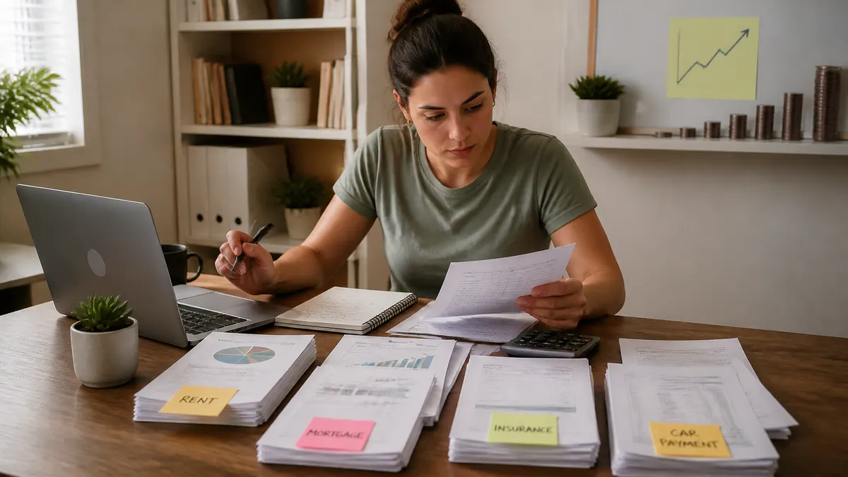 Photographic image of a person reviewing a household budget at a desk, with large fixed expenses such as rent, mortgage, insurance