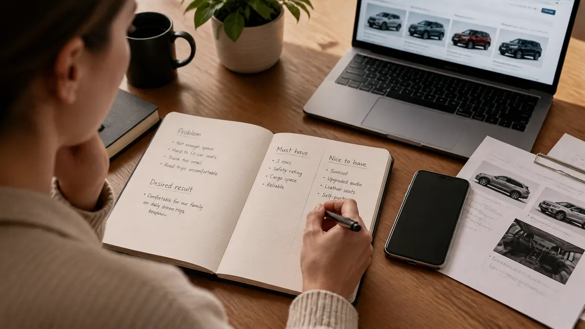 Photographic scene of a person reviewing a purchase decision at a desk, with product options, notes, and a problem statement visible in a notebook