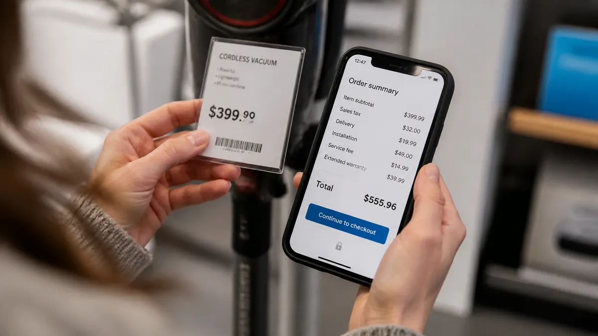 Photorealistic close-up of a shopper comparing the advertised price of a product with the full checkout total, including taxes, delivery fees, service charges
