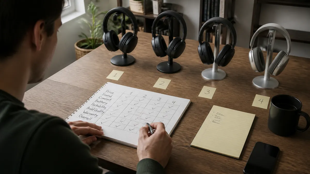 Photographic scene of a person comparing a carefully selected shortlist of products or services on a desk, with comparison notes, checkmarks