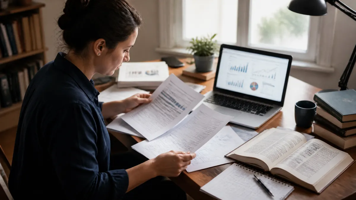 Photographic scene of a researcher comparing information across several independent sources, with printed studies, open books, and a laptop displaying charts arranged on a desk