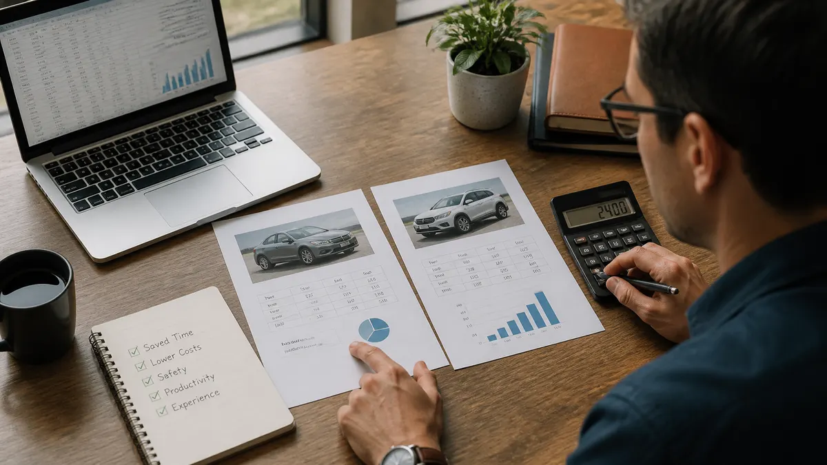 Photographic image of a person comparing two long-term investment or purchase options with a calculator, financial charts, and a benefits checklist on a desk