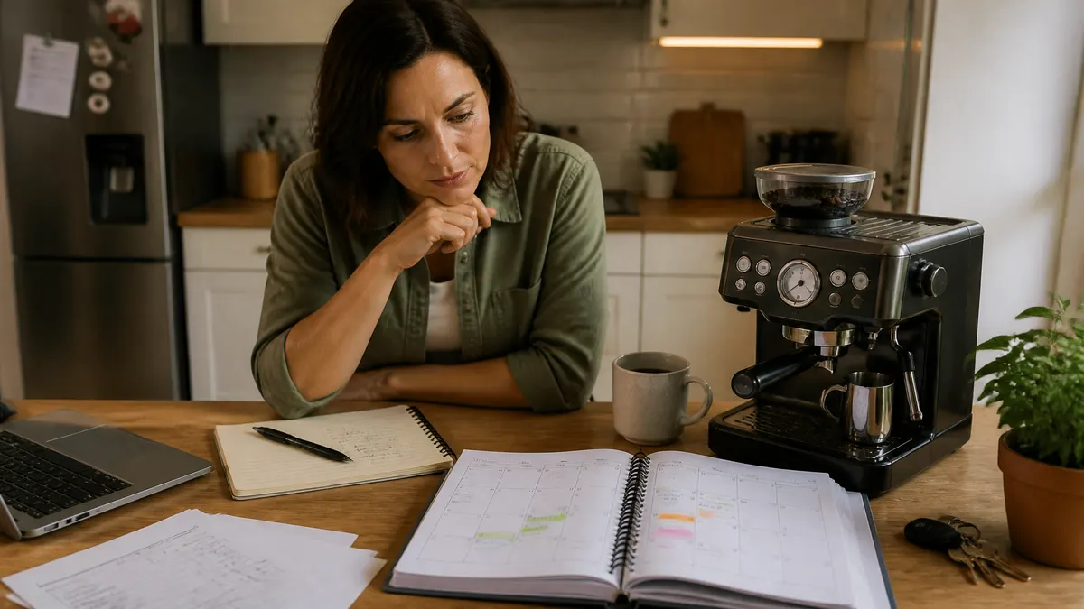 Photographic scene of a person thoughtfully evaluating a major purchase by comparing a product, budget notes, and a weekly planner on a kitchen