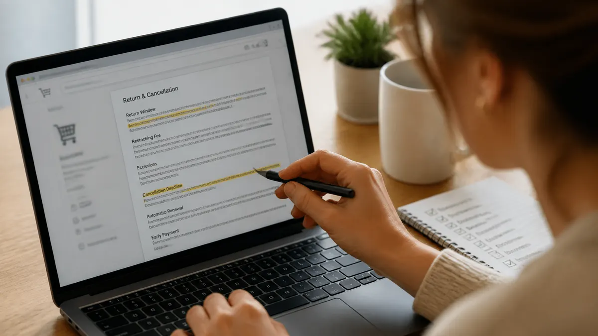 Photographic close-up of a customer carefully reading a return policy and cancellation terms on a laptop or smartphone before completing an online purchase