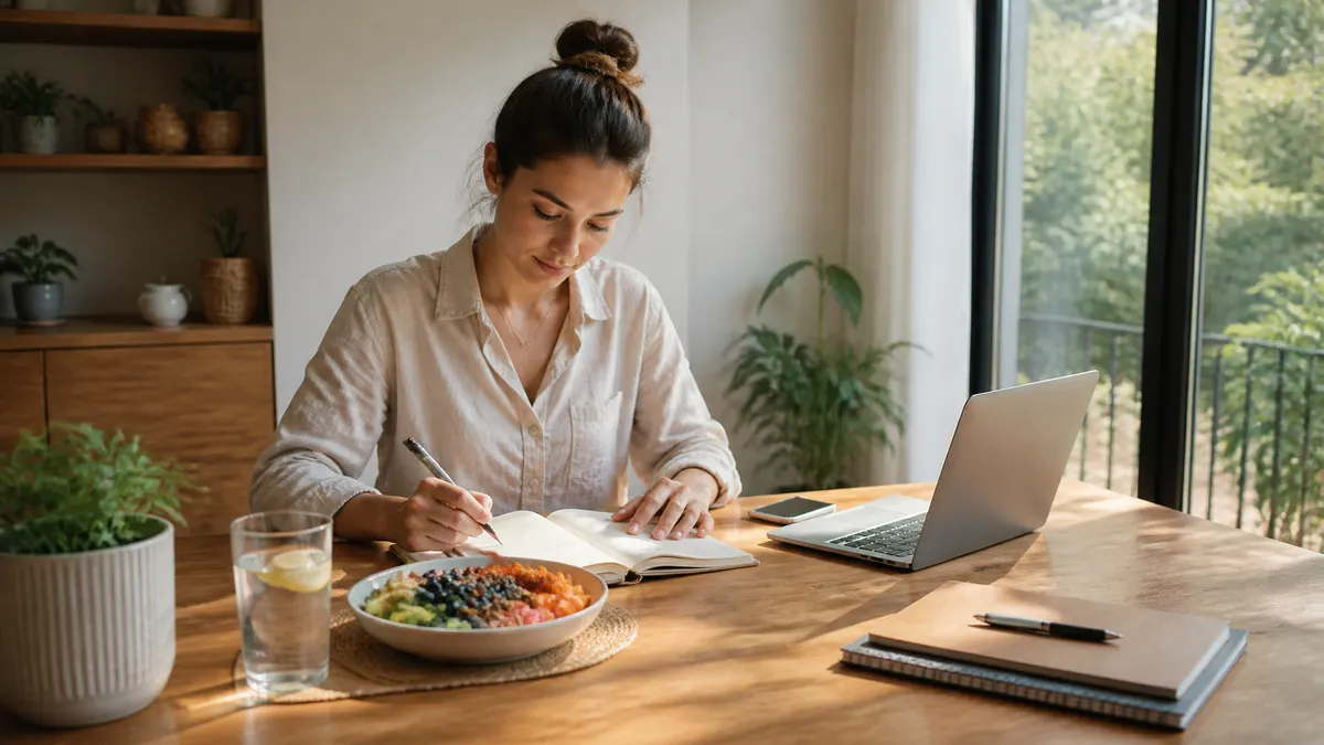 Photographic editorial image of a professional beginning a healthy high-performance week with a balanced morning routine: reviewing priorities beside a nutritious breakfast, water