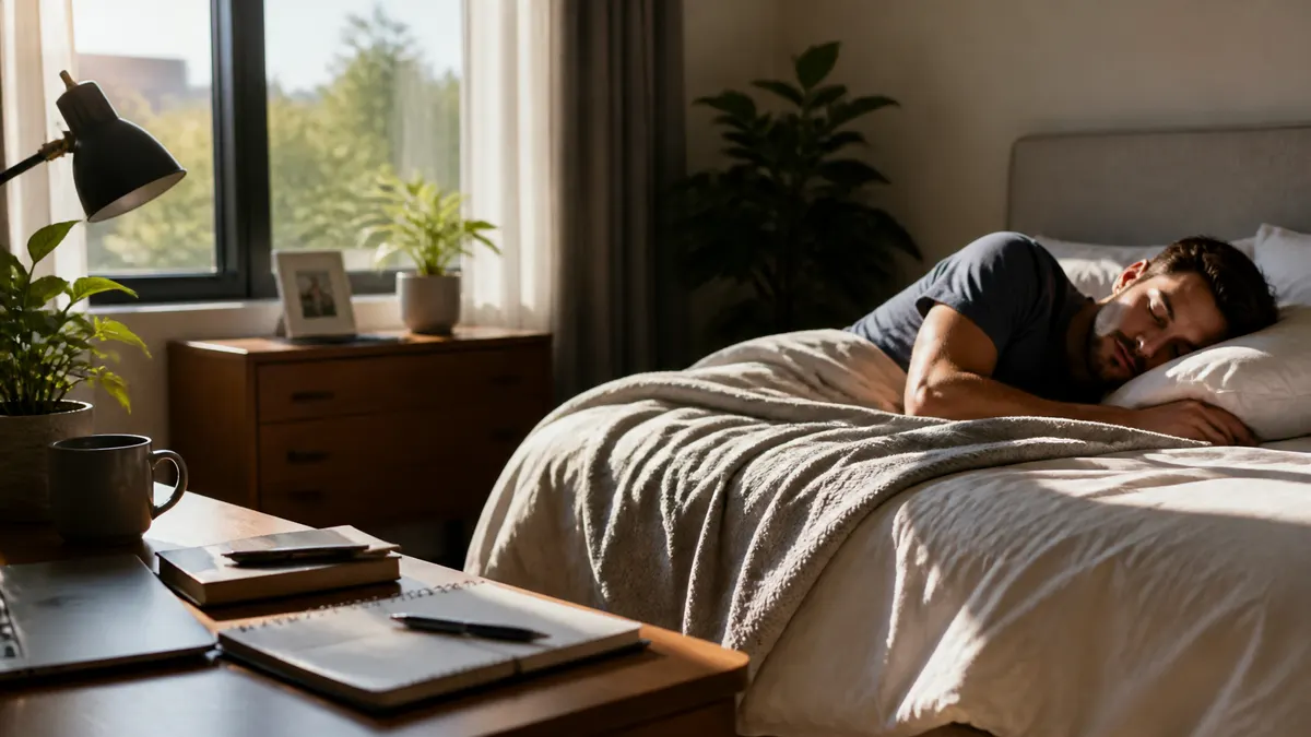 Photographic image of a well-rested professional sleeping peacefully in a calm, softly lit bedroom, with subtle visual cues of next-day focus such as a journal