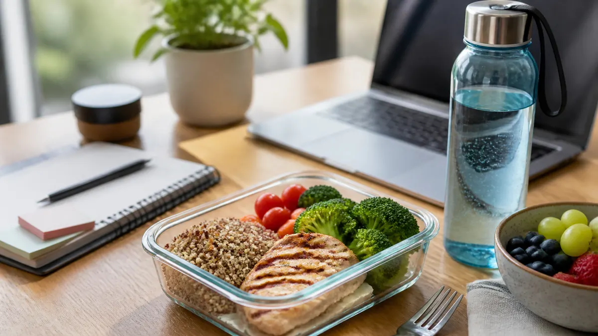 Photographic image of a neatly arranged workday meal with lean protein, whole grains, vegetables, fruit, and a reusable water bottle on a desk beside a laptop