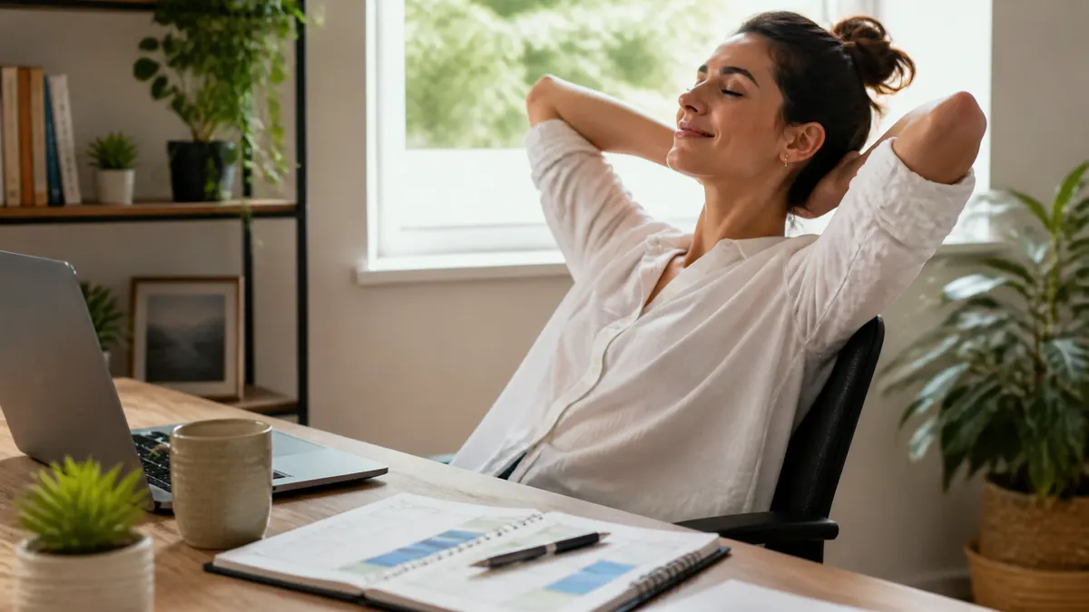 Photographic scene of a person calmly resting during a scheduled recovery block, with a planner showing planned breaks beside a laptop and a healthy work environment