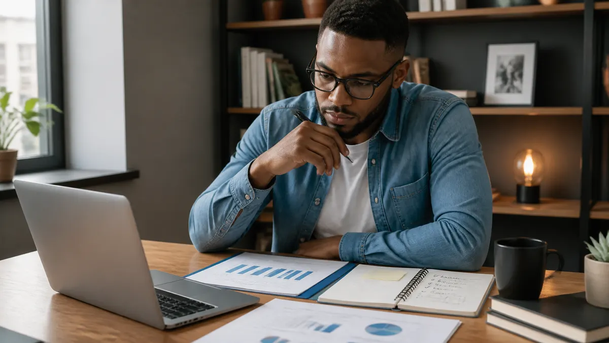 Photographic image of a confident professional reviewing career options and long-term wealth-building plans at a desk, with a laptop, financial charts