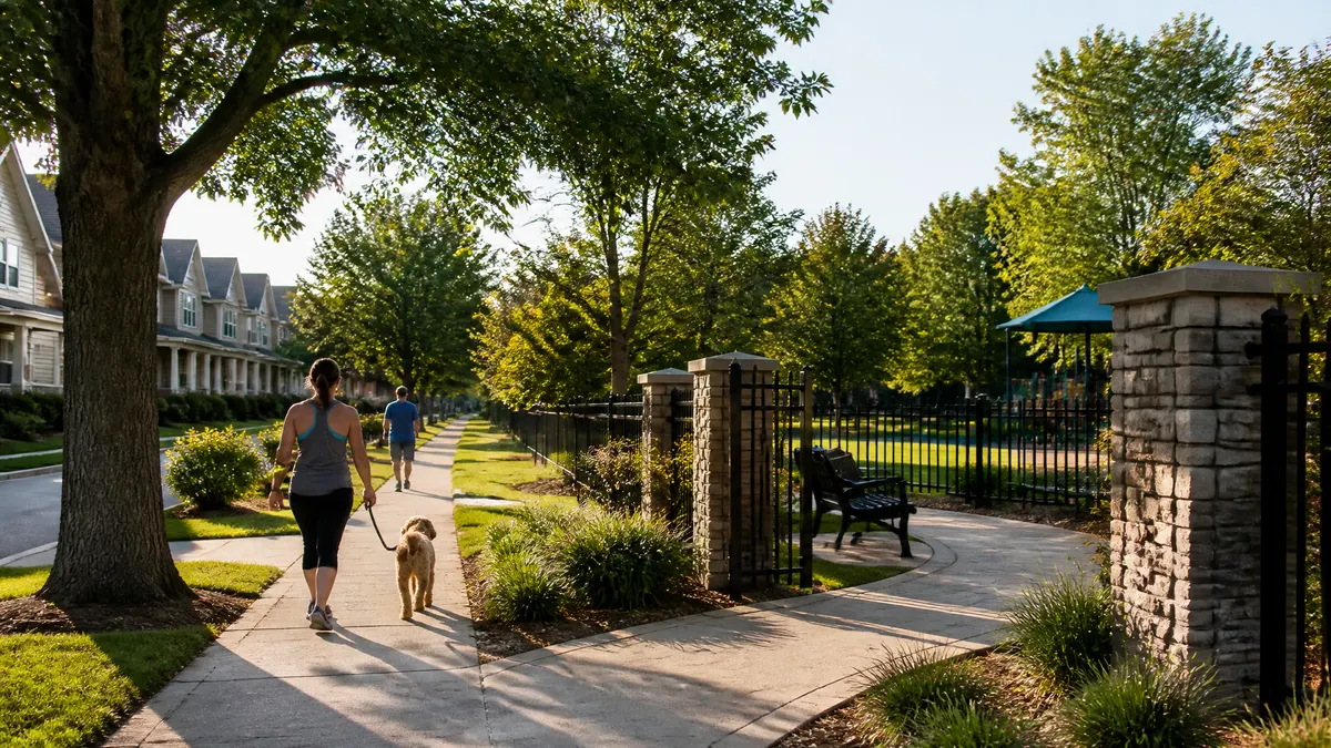 Photographic streetscape showing ordinary residential surroundings, including a clean sidewalk, accessible public park entrance, trees, benches, and nearby homes