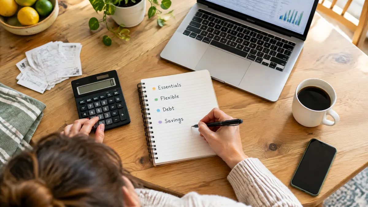 Person planning a budget with a notebook and calculator