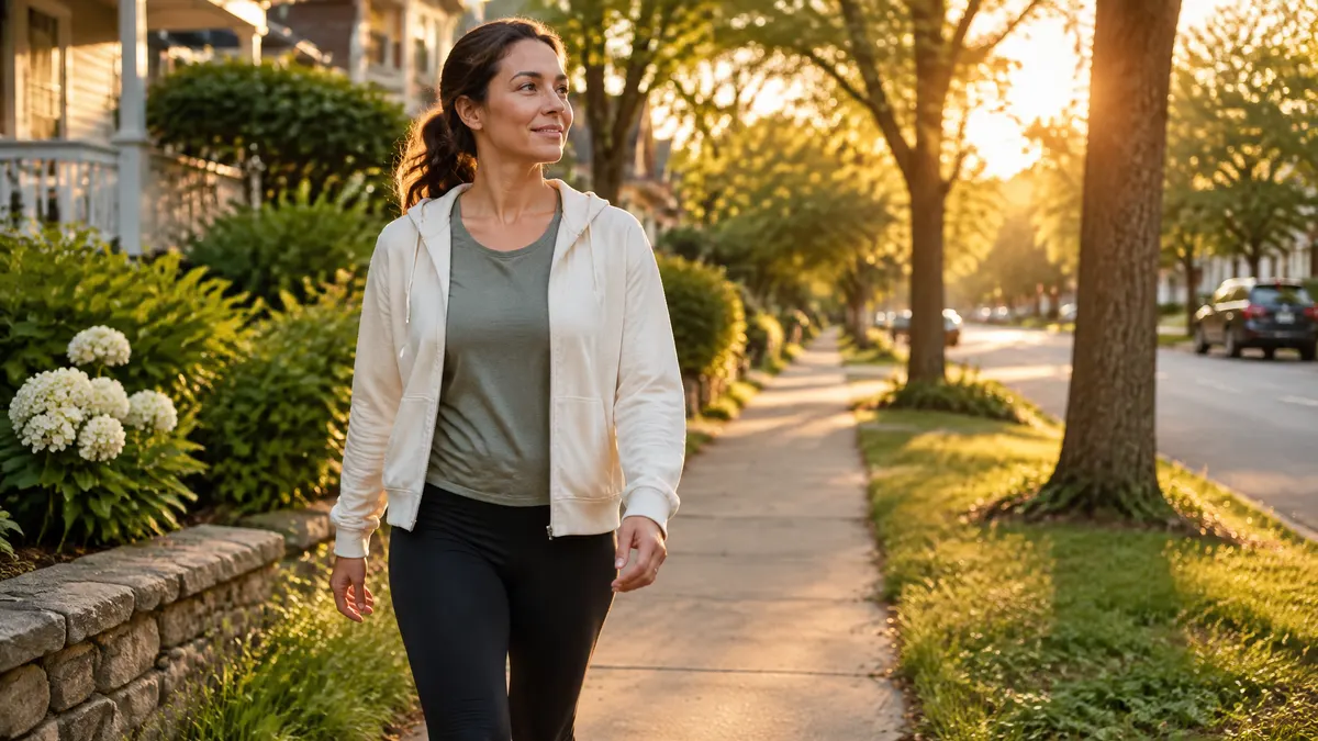 Woman taking a walk on a leafy sidewalk at sunset