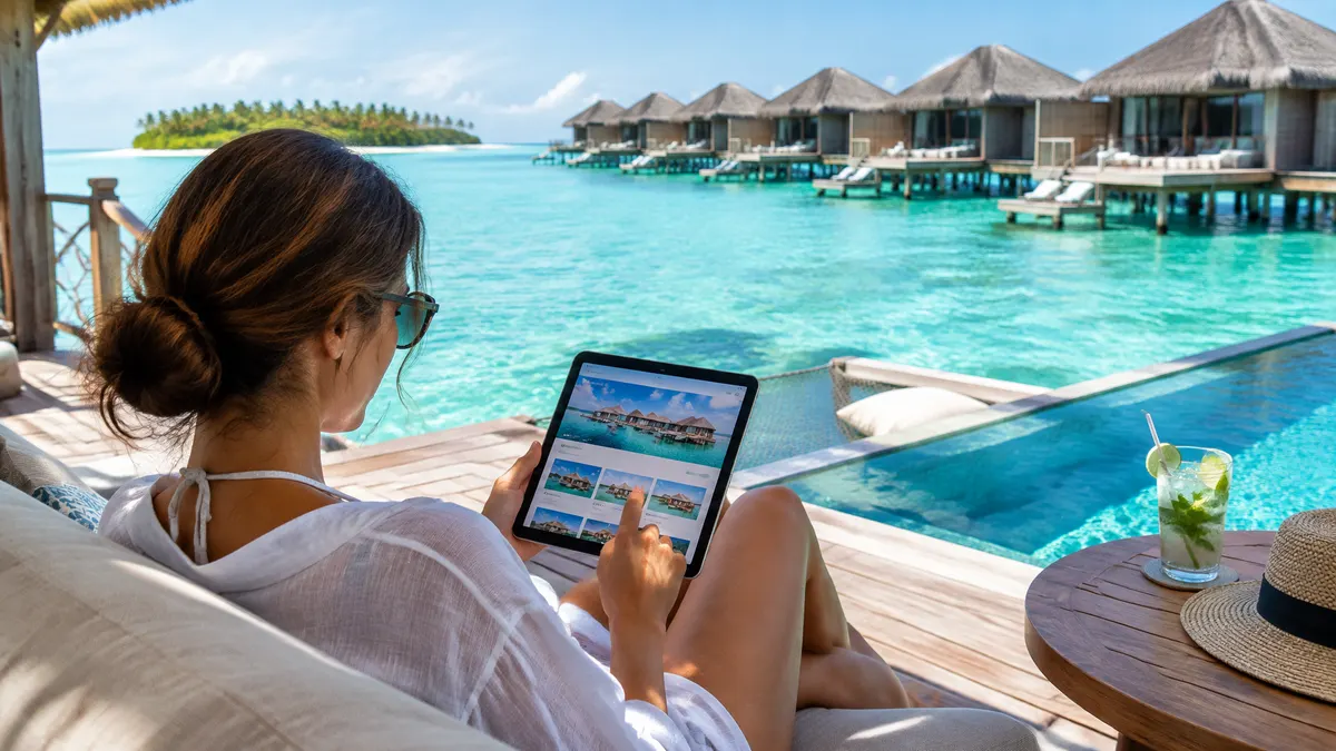 Woman browses overwater villas on a tablet beside a turquoise lagoon.