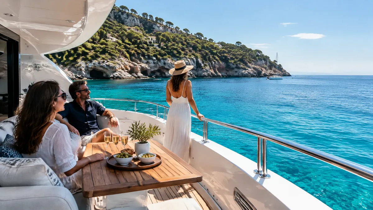 Guests relax aboard a yacht beside a turquoise cove and rocky coastline.