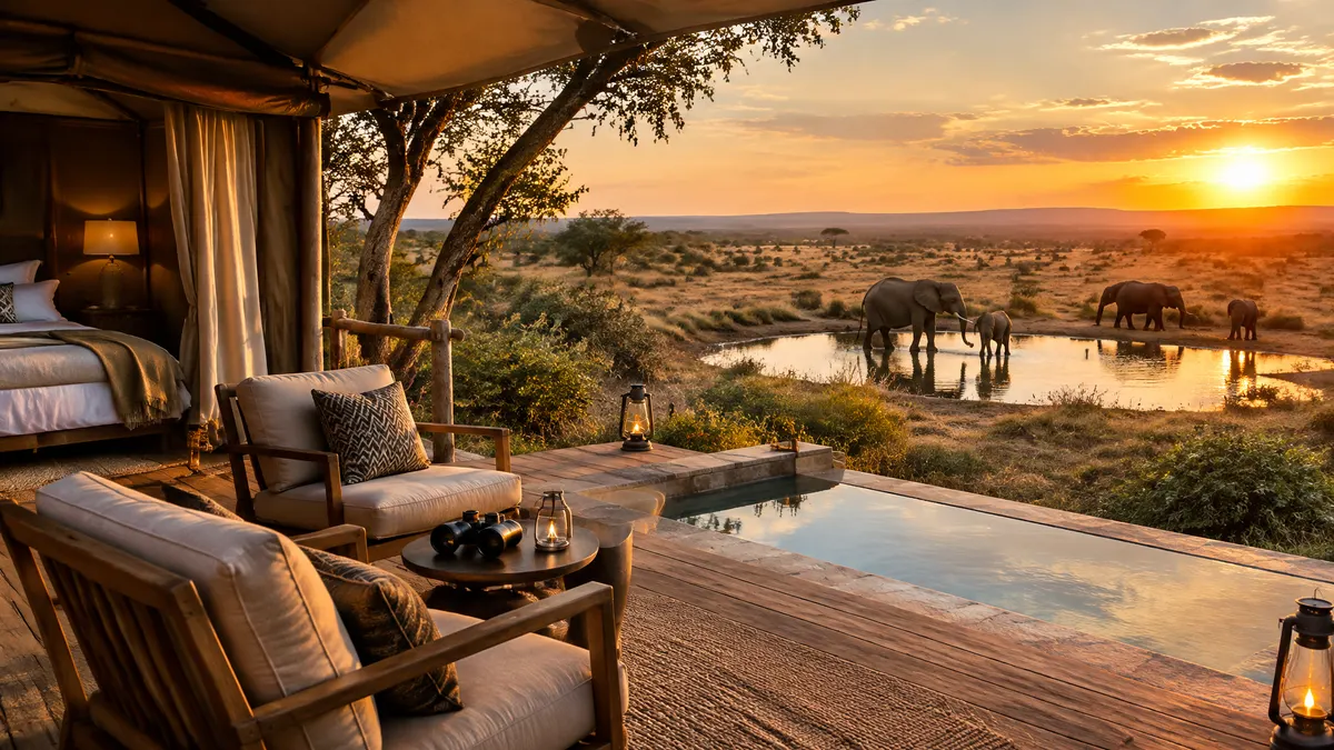 Luxury safari lodge veranda overlooks elephants at a waterhole at sunset