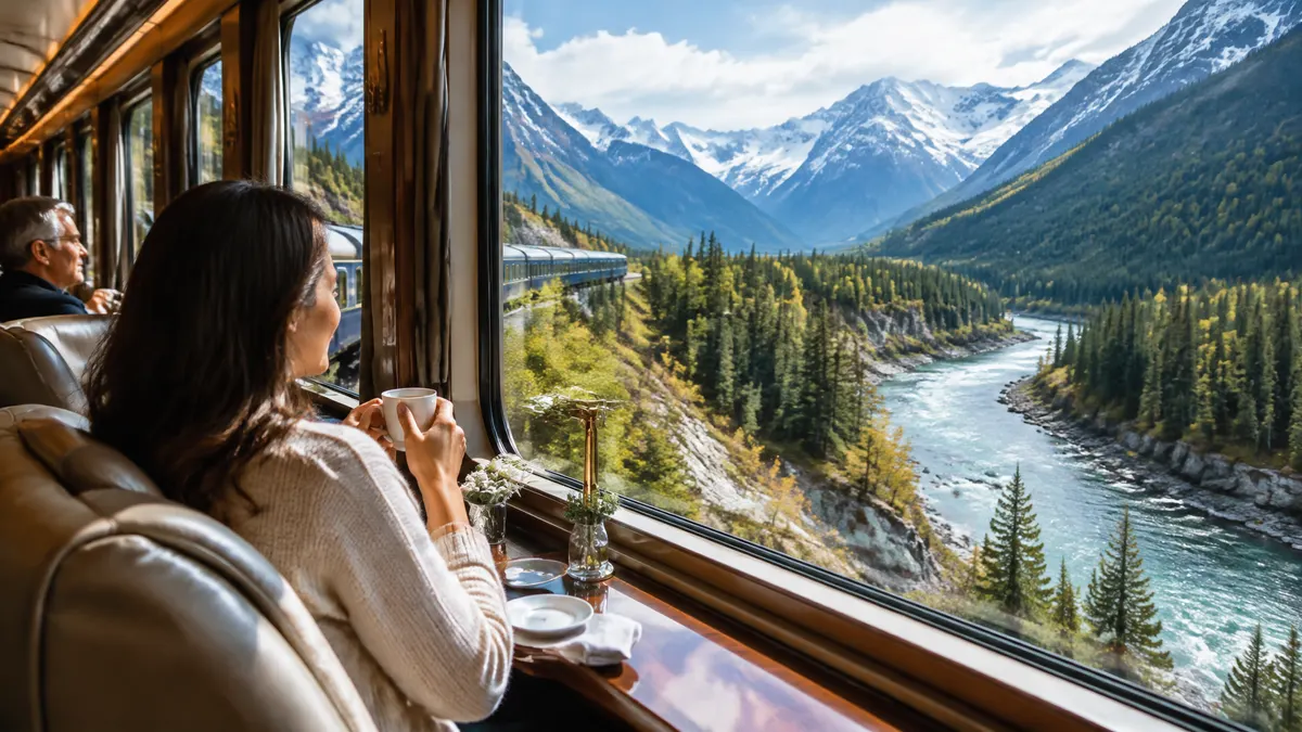 A passenger enjoys the snowy mountain scenery from a luxury train window.