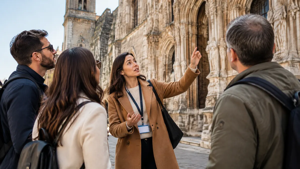 A guide explains cathedral architecture to a small group of tourists.