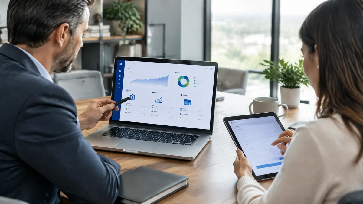 Two people review financial dashboards on a laptop and tablet.