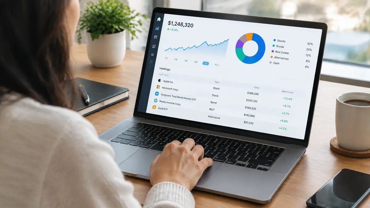 Laptop showing portfolio performance, asset allocation, and investment holdings