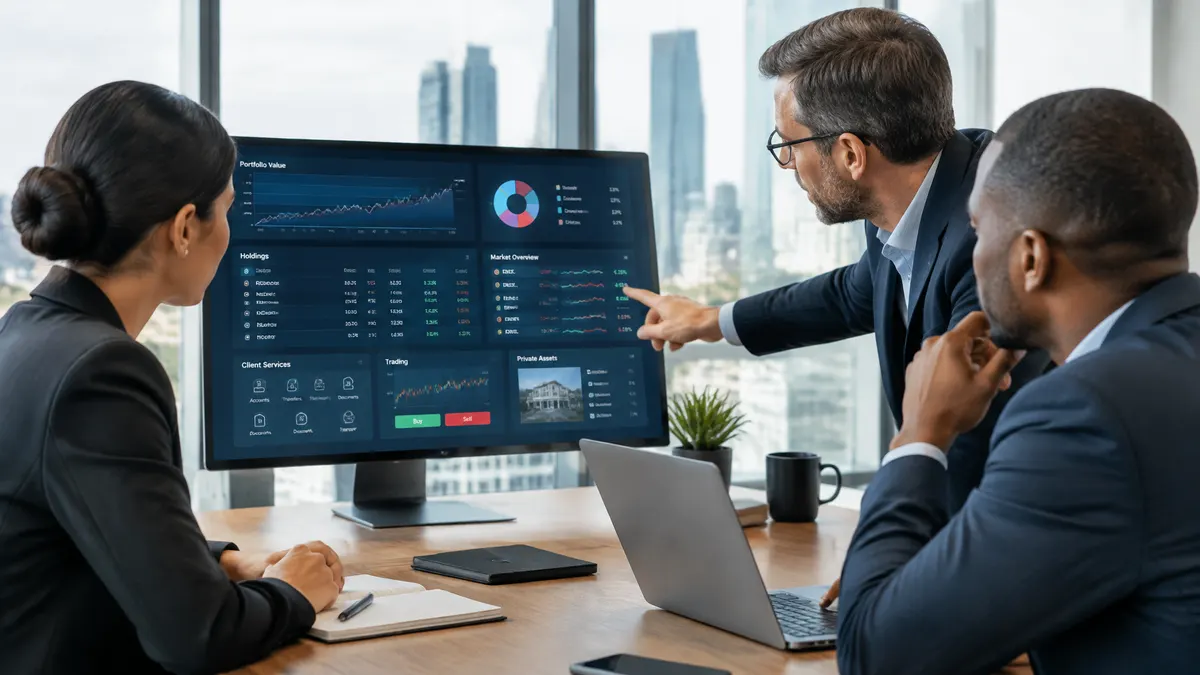 Three advisors review an investment dashboard with market charts and private asset details.